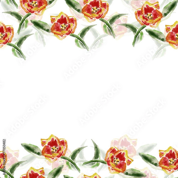 Fototapeta Background with tulip flowers. Watercolor illustration.