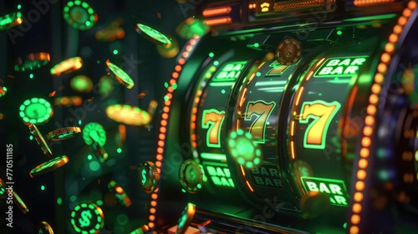 Obraz A slot machine with a green bar and a green number seven