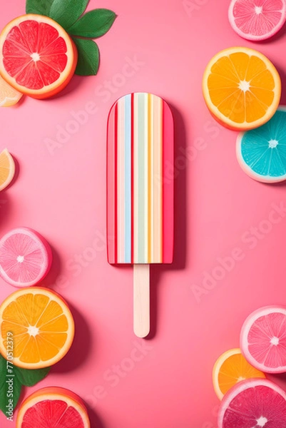 Fototapeta Colorful assortment of cold summer multicolored popsicle against pink and white stripes background.