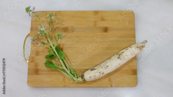 Obraz Green leaves and small flowers growing from the top of a white radish. On a wooden chopping board.