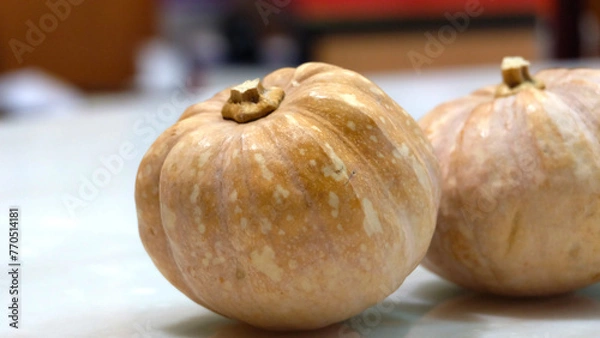 Obraz Two small pumpkins on table top. With blurred background.