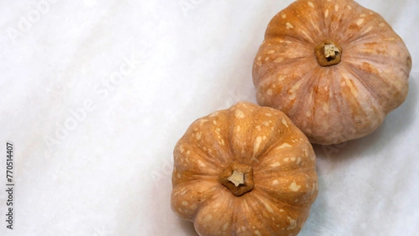 Obraz Two small pumpkins with marble background. With copy space on the left.