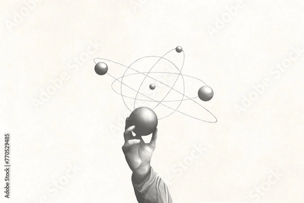 Obraz illustration of hand holding sphere that represents planets activities, science surreal concept
