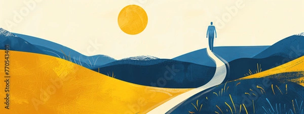 Fototapeta Abstract person walking a path illustration with copy space