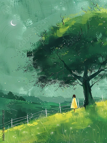 Fototapeta A large green tree with lush grass. AI generative