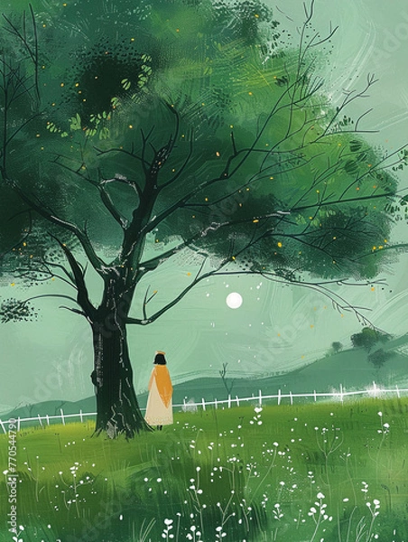 Obraz A large green tree with lush grass. AI generative