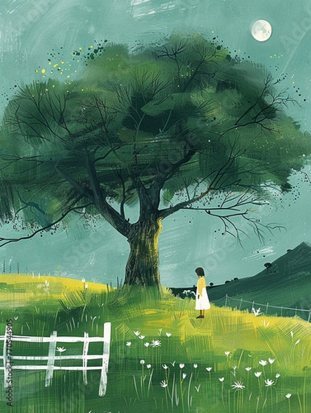Fototapeta A large green tree with lush grass. AI generative