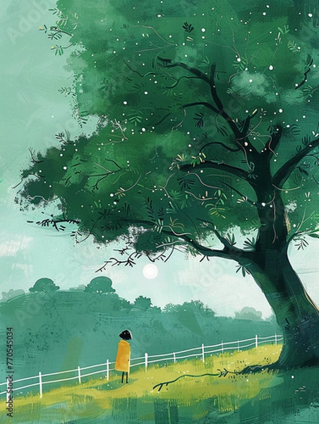 Fototapeta A large green tree with lush grass. AI generative