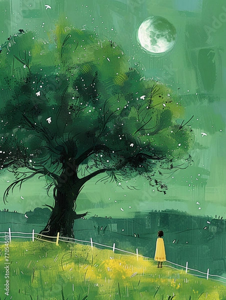 Fototapeta A large green tree with lush grass. AI generative