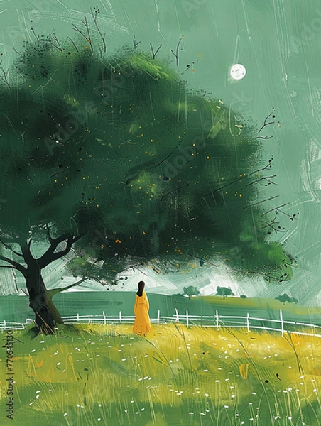 Fototapeta A large green tree with lush grass. AI generative