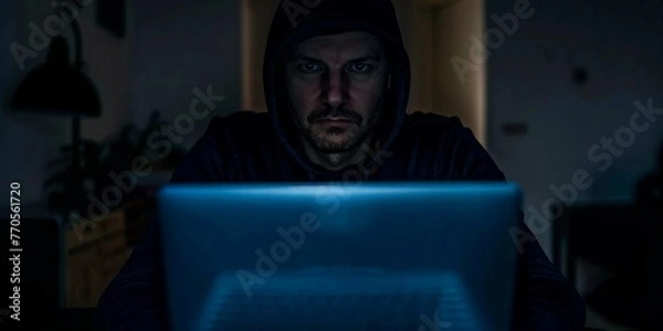 Fototapeta A man is seated in front of a laptop computer, typing and working on the screen in a dimly illuminated room