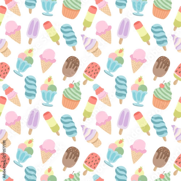 Fototapeta Seamless pattern with ice cream on a white background. Vector summer background