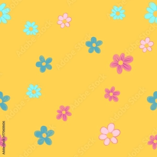 Fototapeta seamless pattern with flowers.  Pink and blue flowers on a yellow background. Summer print for fabric, wrapping paper, baby apparel