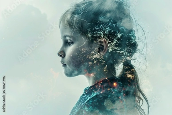 Fototapeta A double exposure paints a futuristic vision of education. A student's silhouette merges with a boundless network of AI knowledge
