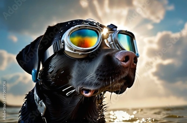 Obraz A Labrador dog wearing sunglasses, AI generated. AI generated.