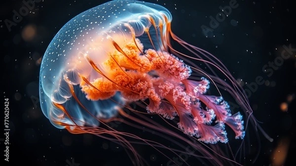 Fototapeta   A tight shot of a jellyfish against a black backdrop, its head subtly blurred
