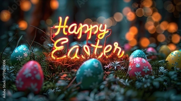 Fototapeta Happy Easter lightning background, Easter eggs background , Generative Ai 