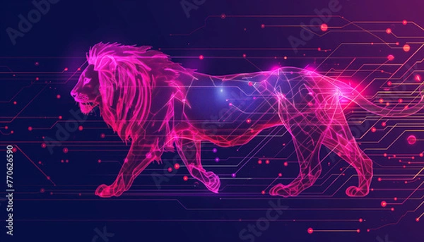 Fototapeta Futuristic Neon Wireframe Lion in Digital Abstract Art