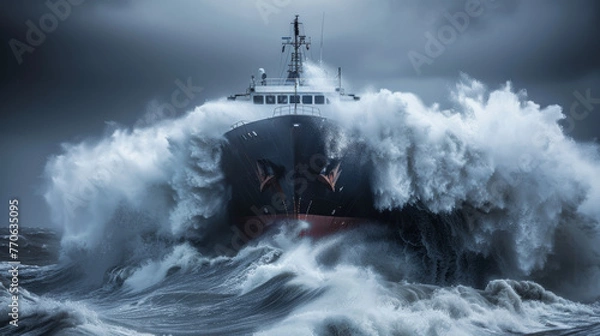 Fototapeta A cargo ship sails through giant waves amid a rainstorm, generative ai.