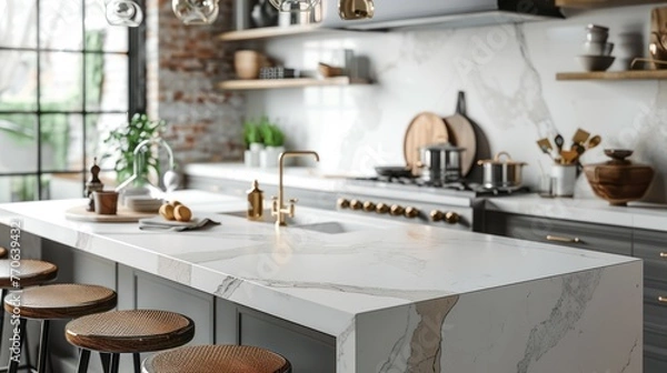 Fototapeta Interior of Countertop In White Modern Kitchen