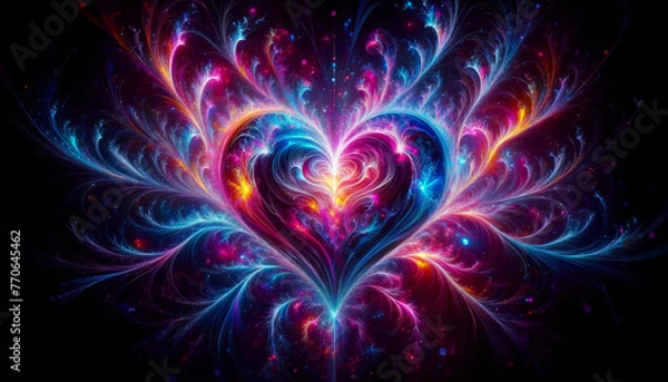 Fototapeta A mesmerizing abstract heart in neon pinks, electric blues, and radiant purples, glowing with dynamic fractal designs on dark background - Generative AI