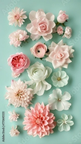 Fototapeta A creative, colorful display of various handcrafted paper flowers neatly arranged on a soothing mint background