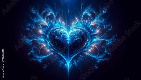 Fototapeta Abstract heart in shades of blue, illuminated by fractal patterns, embodies a futuristic romance - Generative AI
