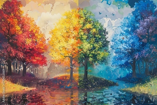 Fototapeta Illustration of Artistic rendition of trees in seasonal transition, vibrant canopy reflects cycle of life, path winds through ephemeral beauty. Nature's palette shifts in arboreal display