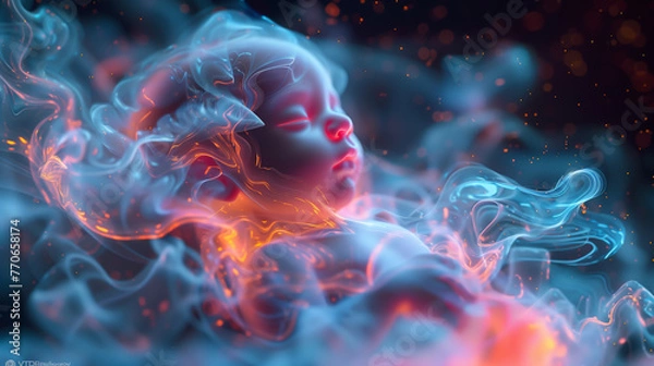Fototapeta Cosmic womb with a neon fractal-illuminated baby, symbolizing new life's vibrant potential - Generative AI