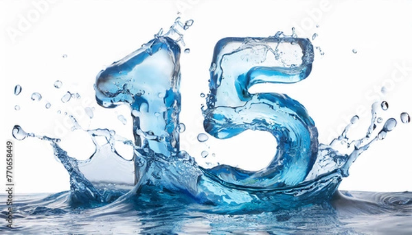 Fototapeta Number 15 made of water with splashes on white background. Blue liquid figure. 3D rendering.