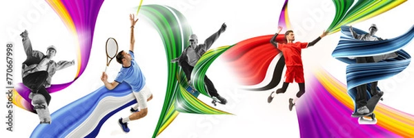 Fototapeta Yung men, skateboarder, tennis and volleyball player in motion on white background with abstract colorful elements. Contemporary art collage. Concept of sport, active and healthy lifestyle. Banner.