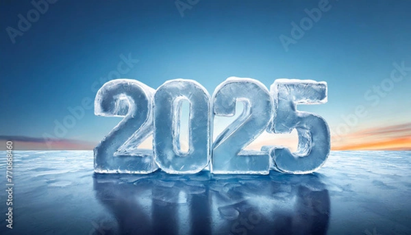 Fototapeta Number 2025 made of water ice on blue background. Cold figure. 3D rendering. Frozen year symbol.