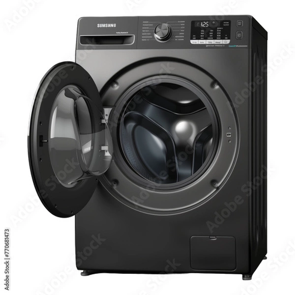 Obraz Trendy new black, metallic washing machine with a big drum on a transparent background. The washer has the door open and is ready to wash and clean the laundry.