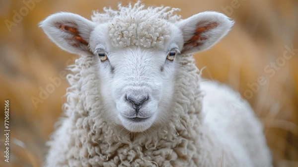 Fototapeta Close-up of a young sheep's head with soft white wool on the background of golden straw