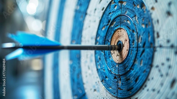 Fototapeta Close-up of a blue dart in the center of a target, blurred lights in the background, concept of accuracy. Generative AI