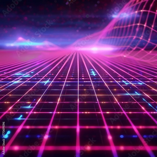 Fototapeta An electrifying neon landscape with vibrant hues stretching into the distance, evoking a futuristic and dynamic ambiance