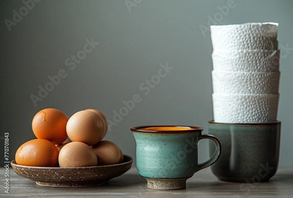 Obraz - simple Easter breakfast with brown eggs, generative ai