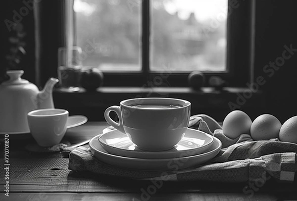 Obraz - simple Easter breakfast with white eggs, generative ai