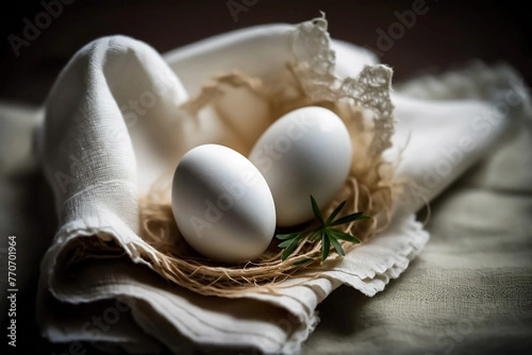 Obraz - two white eggs with a napkin, generative ai