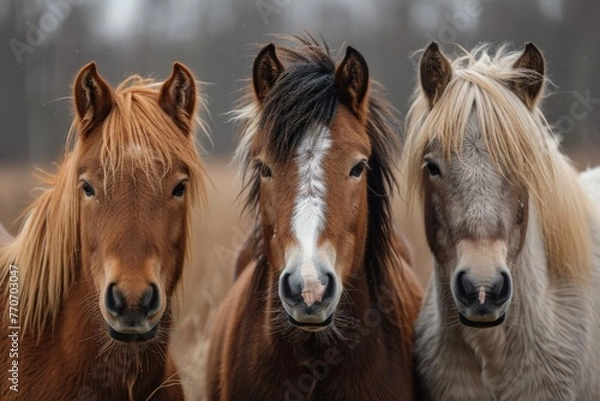 Fototapeta Stunning close-up image showing the graceful and calm expressions of three diverse horses