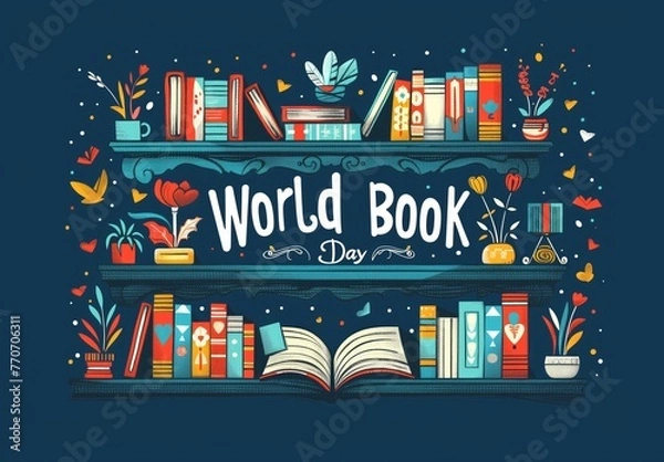 Fototapeta World Book Day poster design with bookshelves and various books