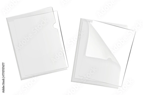 Fototapeta Clear plastic L-shape file folder with white blank paper sheets inside. Realistic mockup. PVC corner document sleeve holder cover. Vector mock-up