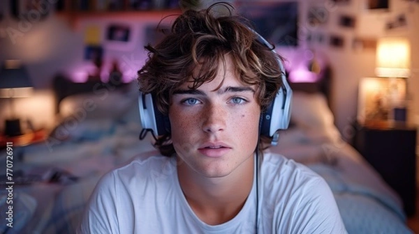 Fototapeta Young youtuber man in front of a computer in his room with headphones on his head