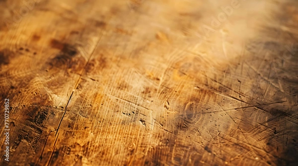 Fototapeta The warm glow of sunlight on a wooden table. The wood grain is rich and inviting, and the surface is smooth and tactile.