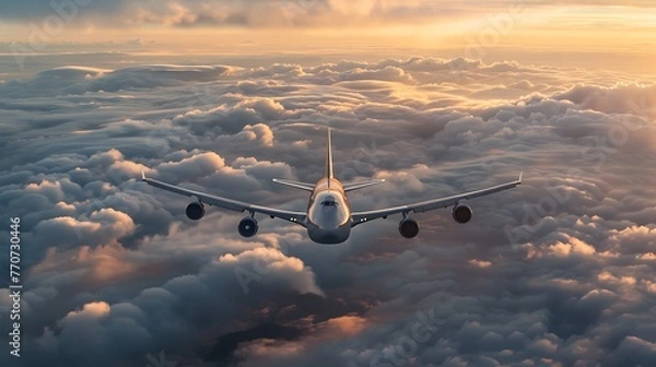 Fototapeta A large passenger plane is flying high above the clouds. The sun is setting, and the sky is a beautiful orange and yellow color.