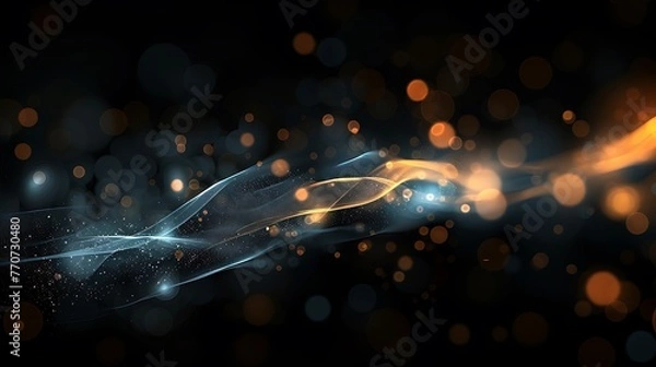 Fototapeta Abstract glowing blue and orange wave with shiny particles on dark background.