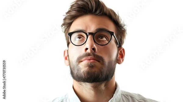 Fototapeta Thoughtful young man looking up isolated on white background