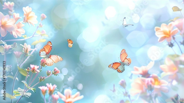 Fototapeta banner background from garden with sunlight and butterflies