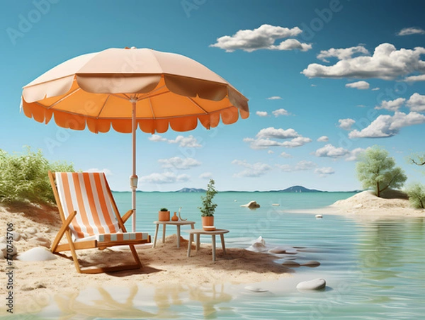 Fototapeta sand White podium display with palm tree for product presentation, summer beach with blue sea and sky background. Generative ai