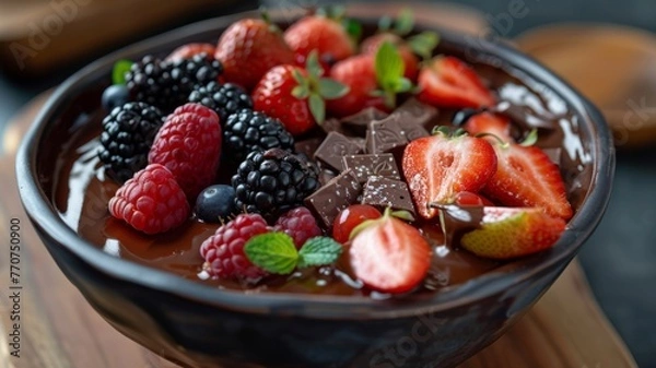 Fototapeta Chocolate fondue with a cascade of fruits, dipping delight